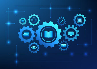 Poster - Educational Technology, a gear consisting of educational icons such as books, tablets, and pens, conveys innovative learning and progress in the digital age.