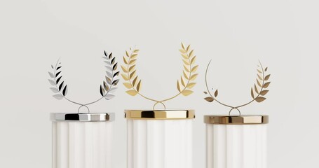 Aufkleber - 4k Resolution Video: Empty Golden, Silver and Bronze Laurel Winner Place Stage Mockup on a White Background with Alpha Mate