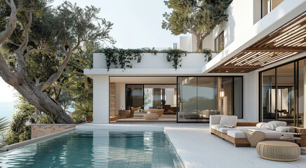 Aufkleber - A modern house, minimalist style, add wood materials, and a pool.