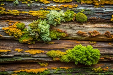 Wall Mural - Green moss and lichen on weathered wooden logs close-up