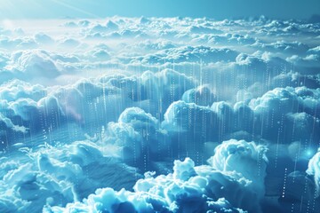 Poster - transferring data through fluffy white clouds on a blue sky background with light streams