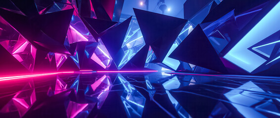 Poster - A stunning display of abstract geometry showcases sharp angular forms, enhanced by the glow of neon lights in vibrant colors. This design creates a captivating atmosphere