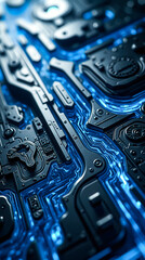 Poster - This abstract background showcases intricate metallic textures with glowing neon blue highlights, creating a futuristic aesthetic ideal for design and digital projects