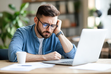 Wall Mural - A man is sitting at a desk with a laptop and a cup of coffee