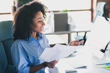 Sticker - Photo of cheerful positive lady recruiter dressed shirt holding documents talking gadget indoors workplace workstation loft