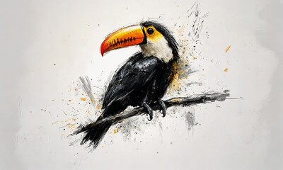Vibrant Toucan Perched in the Amazon with Forest in the Background, Ink Style
