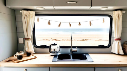 A small kitchen in a camper van with a view of the ocean