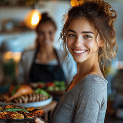 A smiling woman serving a Thanksgiving meal. Her family is waiting at the dinner table.