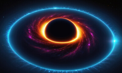 Wall Mural - a swirling black hole surrounded by a glowing orange ring and a blue halo in the vast expanse of spa