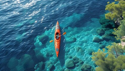 Wall Mural - Tranquil Aerial Scene of a Kayak Gliding Through Clear Blue Waters Emphasizing Solitude and Adventure in a Scenic Landscape