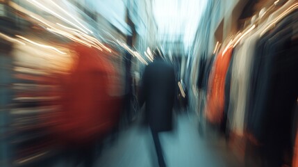 Wall Mural - blurred motion capture of bustling urban street scene, with vibrant colors and silhouettes creating 