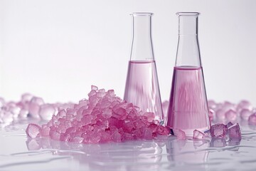 Poster - In a row, a beaker of clear water, a small pile of pink crystalline solid, a second beaker containing bright pink liquid, all set against a blank white background.