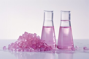Poster - In a row, a beaker of clear water, a small pile of pink crystalline solid, a second beaker containing bright pink liquid, all set against a blank white background.