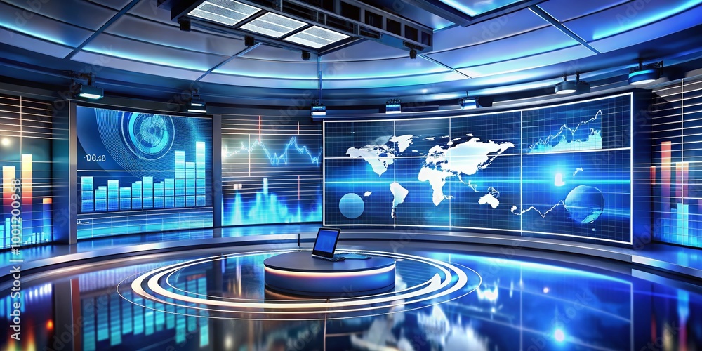High-tech news studio background with sleek futuristic panels ...