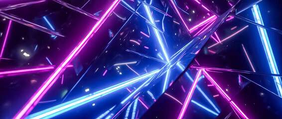 Poster - An intricate design showcases sharp angular shapes illuminated by vibrant neon lights in shades of pink and blue, creating an energetic atmosphere