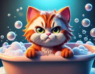 Canvas Print - Cute Cartoon Grumpy Angry Kitty Cat Taking a Bubble Bath in a Bathtub