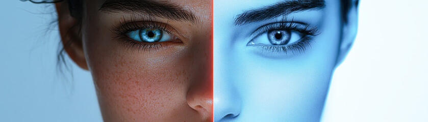 Poster - A woman's face is split into two, one side blue and the other side red