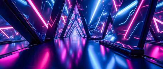 Poster - An abstract geometric setting unfolds with sharp angular shapes illuminated by vivid neon lights in striking hues, creating an immersive and dynamic atmosphere