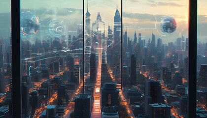 Wall Mural - Futuristic duality of a virtual city divided on screen, merging innovation and contrast through the lens of AI generative technology