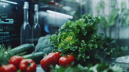 Wall Mural - Fresh vegetables, including leafy greens, tomatoes, and cucumbers, displayed in a well-lit modern kitchen setting, symbolizing healthy eating and freshness.