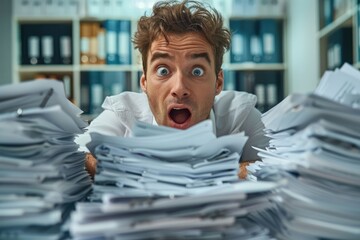 A desk employee looking shocked at a huge pile of papers on his desk.