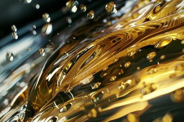 Poster - Golden liquid flowing and forming abstract shapes, with drops splashing and reflecting light
