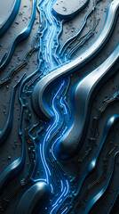 Poster - A mesmerizing abstract background displays layered metallic textures intertwined with radiant neon blue elements, creating a dynamic futuristic atmosphere