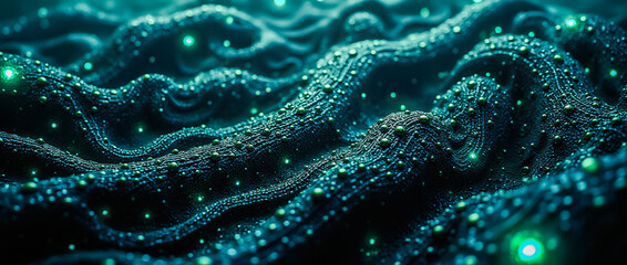 Poster - An intricate blend of bio-mechanical elements creates a textured backdrop, merging organic forms with futuristic technology and glowing accents, evoking a sense of depth and innovation