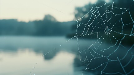 An intricate spider web glistens with dew in the soft morning light, set against a tranquil, misty lake and blurred foliage in the background.