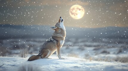 Wall Mural - Coyote Howling at Full Moon in Snowy Landscape