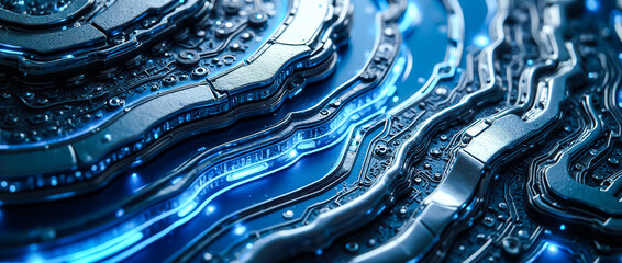 Poster - An intricate design featuring layered metallic surfaces that emit a striking neon blue glow, creating a captivating and futuristic abstract background