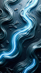  - This design features a stylish arrangement of layered metallic textures illuminated by glowing neon blue light, creating a captivating futuristic atmosphere