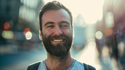 Beaming with joy, a man with a beard and casual attire smiles warmly against a sunlit urban background, radiating positivity and warmth.