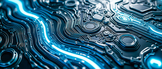 Poster - This vibrant abstract background showcases intricate metallic textures layered with glowing neon blue accents, perfect for digital art and design projects, evoking a modern aesthetic