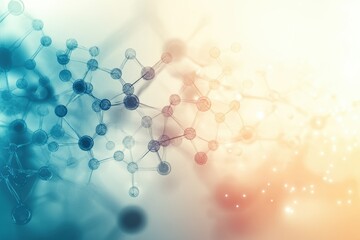 Fototapete - An abstract representation of molecular structures and chemical bonds in soft blue and orange hues, illustrating scientific concepts. Generative AI