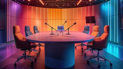 Aufkleber - An intimate and trendy and colorful tv studio with a large oval table with 4 chairs and microphones.