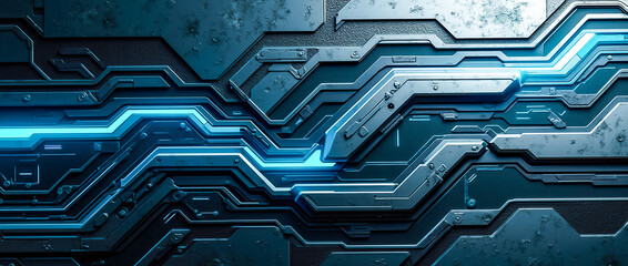  - This design showcases a rich array of layered metallic textures illuminated by vibrant neon blue highlights, evoking a futuristic ambiance