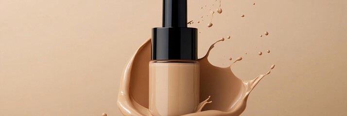 Luxurious liquid foundation bottle with elegant black cap, surrounded by a dynamic splash of creamy beige makeup, set against a smooth nude background.