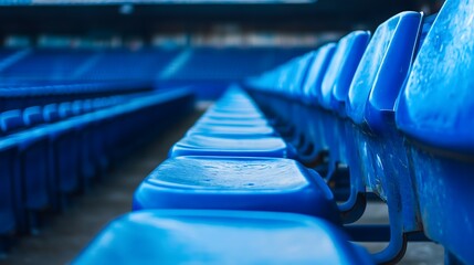 Empty blue seats in a stadium row, awaiting the crowd for a business conference