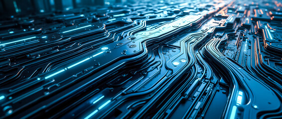 Poster - This abstract background showcases a futuristic design with layered metallic textures illuminated in neon blue. The intricate patterns evoke a sense of technology and modernity