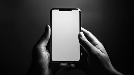 Poster - Close-up of hands holding a smartphone in a black and white setting with a blank screen, ideal for mockups or app presentations, with the device centered and prominently displayed