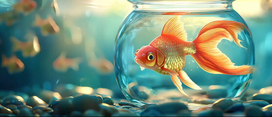 A goldfish is swimming in a fishbowl with a blue background