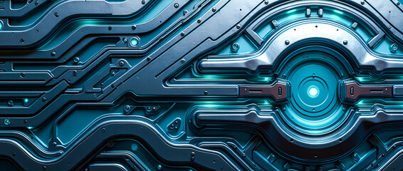 Poster - This artwork features a mesmerizing abstract background showcasing intricate layered metallic textures illuminated by striking neon blue highlights, evoking a sense of advanced technology