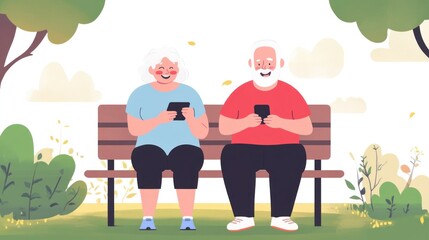 Wall Mural - Happy elderly couple in workout clothes sitting on park bench, checking smartphone