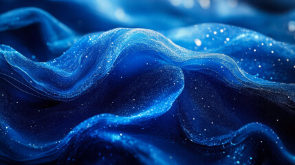 Poster - abstract blue illuminated silk fabric with sparkling glitters, nighttime illumination, dreamy and et