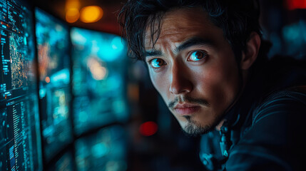 Poster - Government Cybersecurity Specialist Monitoring Systems in Command Center at Night Focused and Alert