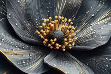 Beautiful detailed abstract flower with metallic petals. Golden pistil with dew droplets on dark grey flower petals blooming