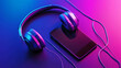 © Elnare - A pair of headphones and a smartphone with neon lighting.
