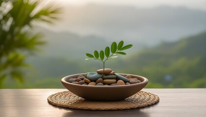 Wall Mural - Tranquil Zen Stones Resting on a Woven Mat Surrounded by a Soft Green Bokeh Landscape