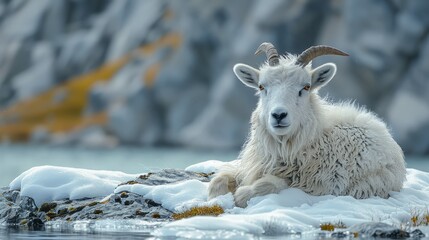 Poster - A goat is laying on a snowy rock by a body of water
